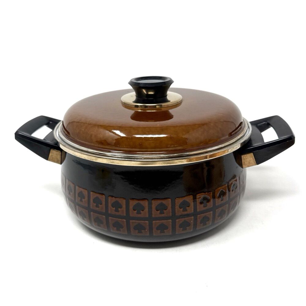 VTG West Bend Le Provencal Enamelware 2.5 Qt. Stock Pot Lid Brown Spade Mushroom